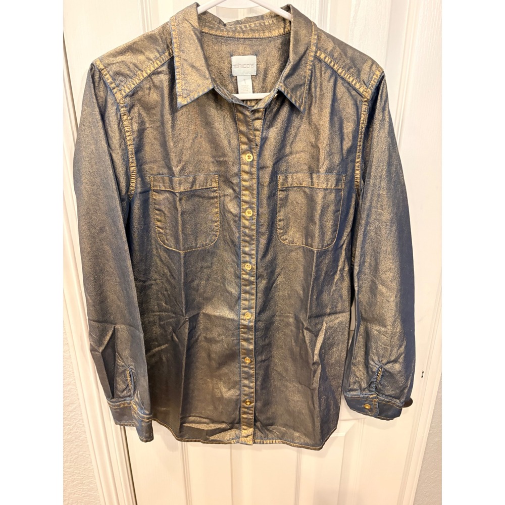 Chico's Button Down Shirt Blue Gold Metallic Foil Denim Look Long Sleeve Top